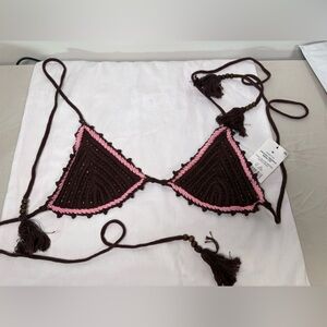 Cotton On Willow Brown Crochet Sweater with Neon Pink Trim